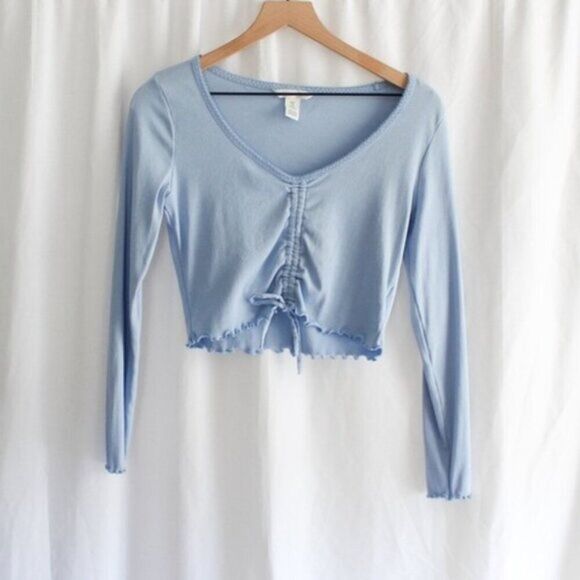H&M Medium Ribbed Long Sleeve Ruched Crop Top with Tie Light Blue Medium - Picture 1 of 7